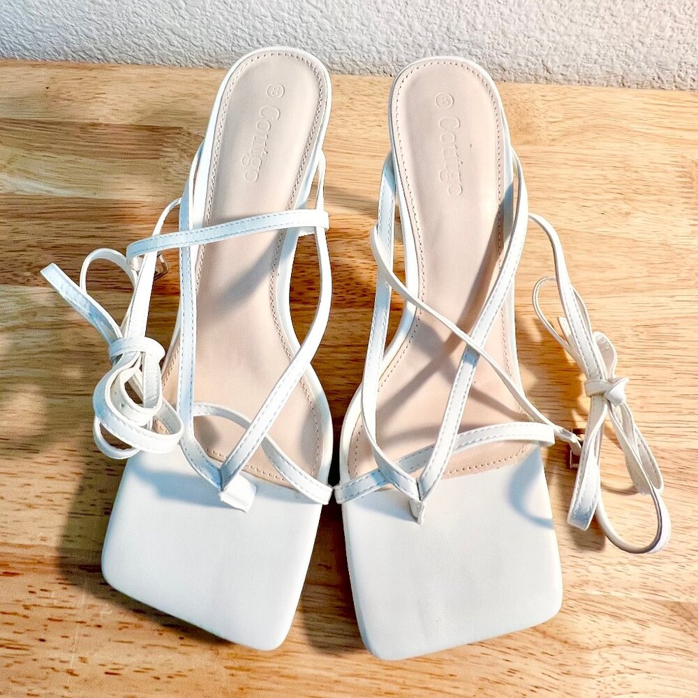 Women's 8 (US) White Vegan Leather Square Toe Ankle Wrap Strappy Stiletto Heels - Picture 6 of 7